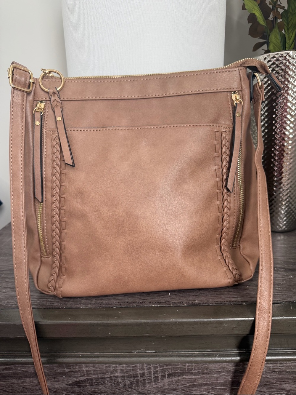 Classic Tan Braided-Trim Crossbody Bag